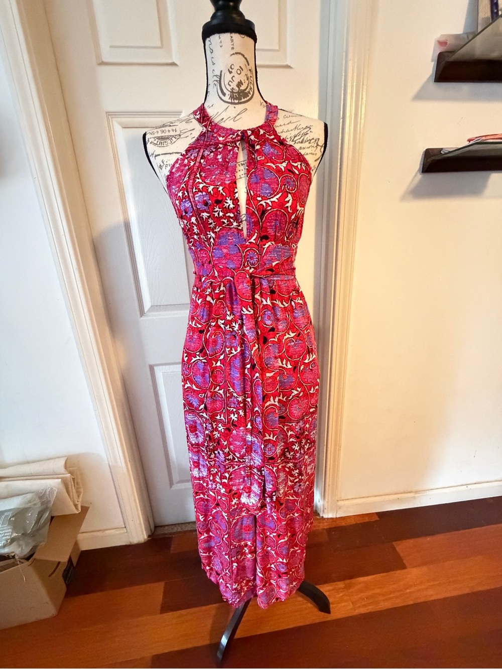 Tracy Reese Red Pink Paisley Halter Jumpsuit
